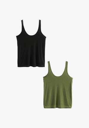 Due magliette a canotta con righe: una nera e una verde oliva. Entrambe hanno spalline larghe e un collo rotondo, presentando una vestibilità morbida.