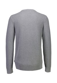 Maglione grigio lavorato a maglia con una superficie testurizzata, collo a giro, e maniche lunghe. L'orlo e i polsini hanno una finitura liscia. Vista posteriore mostrata.