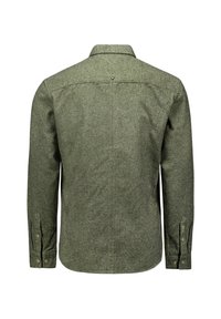 Groene wollen shirt, textuurstof, lange mouwen, knoopsluiting aan de voorkant, puntige kraag en knoopmanchetten. Eenvoudig ontwerp met een detail in de rug.