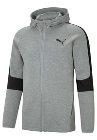 Grijze hoodie met ritssluiting en zwarte accenten op de mouwen, met een zachte textuur en een herkenbaar logo op de borst. Inclusief verstelbare capuchon.