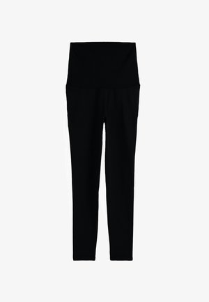 Schwarze Leggings mit hoher Taille und breitem Bund, die für eine schlanke Passform entlang der Beine entworfen sind.