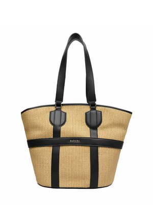Borsa tote intrecciata beige con manici e rifiniture in pelle nera, con il nome del marchio "Badura" inciso in lettere dorate sulla banda frontale.