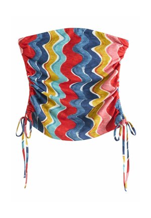 Tube top met golvende verticale strepen in rood, blauw, geel, roze en teal, met verstelbare zijkantenriemen voor een gerimpeld effect.