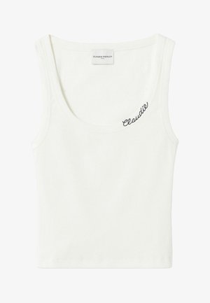 Camiseta sin mangas blanca de canalé con escote redondeado y pequeño bordado "Claudie" cerca del cuello, etiqueta Claudie Pierlot Paris en el interior.