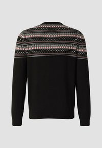 Czarny sweter z wielokolorowymi poziomymi wzorami w zygzacze i kropki na górnej części klatki piersiowej, ramionach i plecach, pokazany od tyłu.