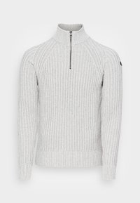Pull gris clair côtelé avec un col montant et une fermeture éclair d'un quart. Présente des manches longues et des poignets ajustés pour un look épuré.
