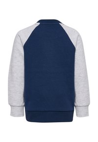 Granatowa bluza z szarymi rękawami raglanowymi, z prążkowanymi mankietami i dołem. Wykonana z miękkiego materiału bawełnianego o gładkiej strukturze, bez wzorów ani grafik.