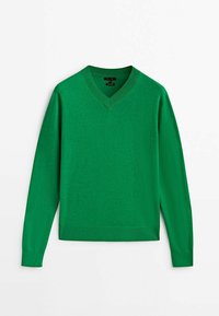 Vihreä, pitkähihainen V-kaula-aukkoinen neulepaita, joka on valmistettu pehmeästä neulekankaasta. Ominaisuuksiin kuuluu ribbineuleinen helma ja hihansuut, tasaista pintaa ja yksinkertainen muotoilu.