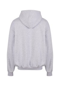 Gray hooded sweatshirt with a soft texture, drop shoulders, and elasticized cuffs and hem. Features a classic hoodie silhouette.