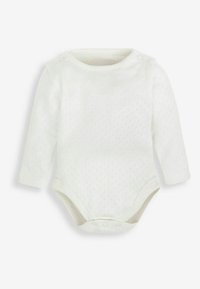 Langärmeliges Baby-Body in Weiß, aus texturiertem Stoff mit kleinen erhabenen Mustern. Verfügt über einen Druckverschluss an der Schulter und am unteren Ende.
