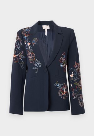 Blazer blu navy con chiusura a un bottone caratterizzato da ricamo floreale colorato sulla spalla sinistra, sulla manica destra e sulle tasche frontali.