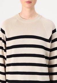 Maglione beige con strisce orizzontali nere, realizzato in tessuto a maglia testurizzato. Presenta un collo a giro e maniche raglan.