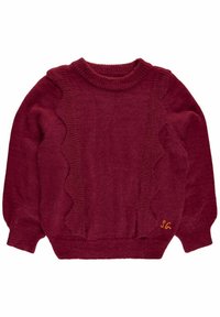 Bordeaux gebreide trui met een geschulpte textuurdetail langs de zijkanten en geribde manchetten. Heeft een oranje logo op de onderzijde aan de rechterkant.