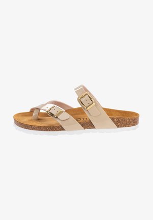 Sandalia de corcho beige con dos correas brillantes y hebillas doradas. Plantilla texturizada con un acabado suave similar al ante, suela de goma blanca.