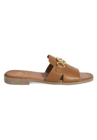 Helle Lederslidesandalen verfügen über eine offene Zehenpartie, ein Kreuzriemen-Design und goldfarbene Akzentbeschläge am Riemen. Flache Sohle mit strukturiertem Grip.