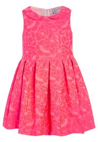 Sukienka bez rękawów w jaskrawym różowym kolorze z kwiatowym wzorem, z okrągłym kołnierzykiem oraz rozszerzanym dołem z plisami. Zasuwana z tyłu na zamek błyskawiczny.