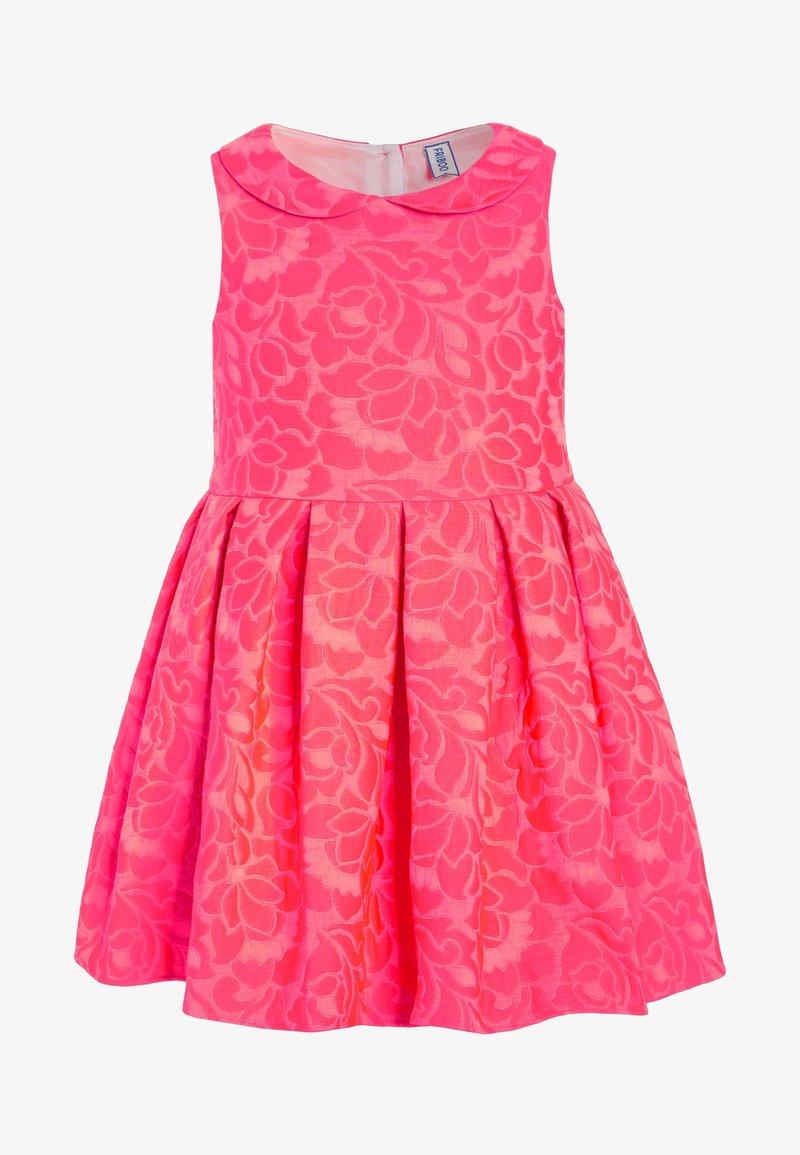 Sukienka bez rękawów w jaskrawym różowym kolorze z kwiatowym wzorem, z okrągłym kołnierzykiem oraz rozszerzanym dołem z plisami. Zasuwana z tyłu na zamek błyskawiczny.