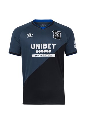Donkerblauw en zwart voetbalshirt met Umbro-logo, Rangers FC-wapen en "UNIBET ZERO% MISSION" sponsortekst op de voorkant.