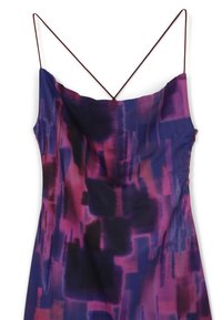 Satin dress with spaghetti straps in deep purple, pink, and black abstract patterns, featuring a soft texture and a draped silhouette.