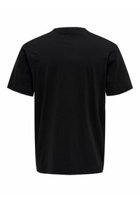 Schwarzes Baumwoll-T-Shirt mit kurzen Ärmeln, rundem Halsausschnitt und lockerer Passform. Keine sichtbaren Muster oder Akzente auf der Rückseite.