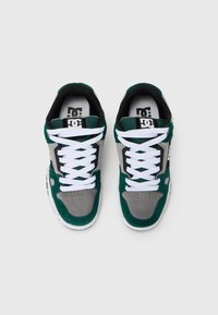 DC-Sneaker mit einer Mischung aus dunkelgrünem, grauem und schwarzem Wildleder sowie weißen Schnürsenkeln. Auffälliges Logo auf der Zunge und Belüftungsöffnungen an der Spitze.