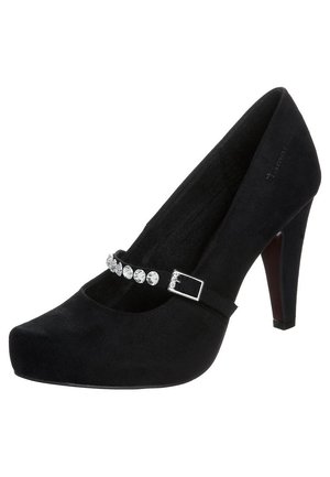 Escarpins en cuir suédé noir à bout rond, avec une bride décorative ornée de strass en argent et un talon aiguille effilé.