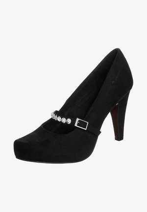 Escarpins en cuir suédé noir à bout rond, avec une bride décorative ornée de strass en argent et un talon aiguille effilé.
