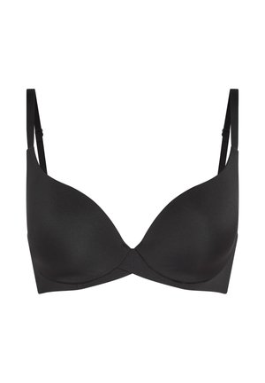 Schwarzer, glatter, geformter BH mit verstellbaren dünnen Trägern und Bügelunterstützung, für den täglichen Gebrauch konzipiert.