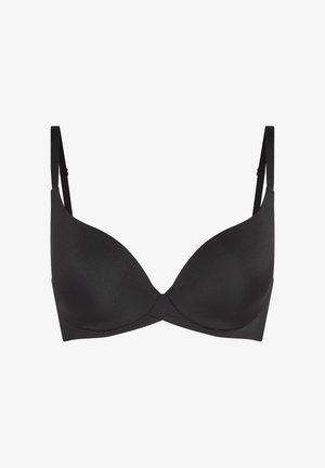 Sujetador negro con copa moldeada lisa, tirantes finos ajustables y soporte con aro, diseñado para uso diario.