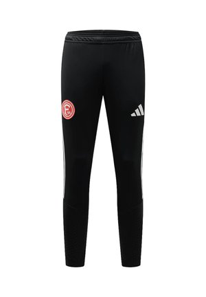Schwarze Sporthose mit elastischem Bund, weißem Adidas-Logo am rechten Oberschenkel, Fortuna Düsseldorf-Logo am linken Oberschenkel und weißen Seitenstreifen.