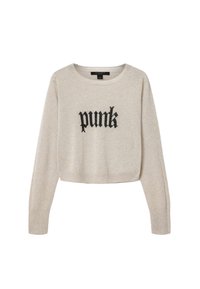 Μπεζ μακρυμάνικη πλεκτή μπλούζα με μαύρο γκοθικό κείμενο «punk» στο κέντρο μπροστά, στρογγυλή λαιμόκοψη και κανονική εφαρμογή.
