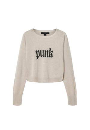 Μπεζ μακρυμάνικη πλεκτή μπλούζα με μαύρο γκοθικό κείμενο «punk» στο κέντρο μπροστά, στρογγυλή λαιμόκοψη και κανονική εφαρμογή.