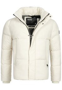 Puffersjakke i off-white med høj krave, lynlås foran, to forlommer og elastiske manchetter. Struktureret stof med quiltet design.