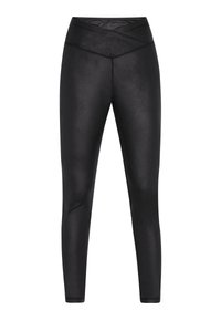 Fekete leggings, magas, keresztbe rakott derékkal és sima, fényes textúrával. A design testhez simuló, látható zsebek vagy minták nélkül.