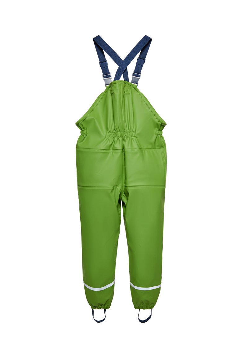 Žalios vandeniui atsparios kombinezonų kelnės su mėlynomis reguliuojamomis petnešomis, elastingu juosmeniu ir atšvaitinėmis baltomis detalėmis ant rankovių, pasižyminčios laisvo kirpimo dizainu.