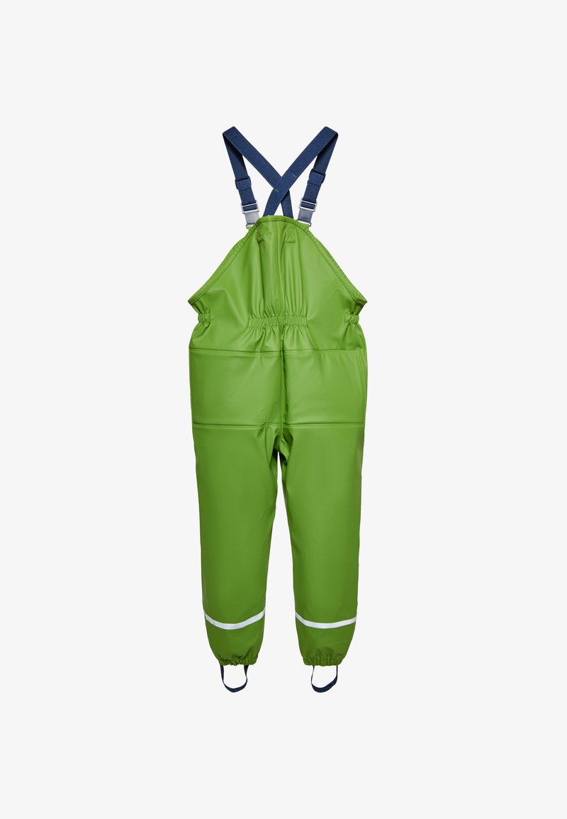 Žalios vandeniui atsparios kombinezonų kelnės su mėlynomis reguliuojamomis petnešomis, elastingu juosmeniu ir atšvaitinėmis baltomis detalėmis ant rankovių, pasižyminčios laisvo kirpimo dizainu.