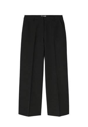 Pantalons noirs à jambes larges en tissu lisse et mat. Caractéristiques des poches latérales et une ceinture ajustée pour un ajustement structuré.
