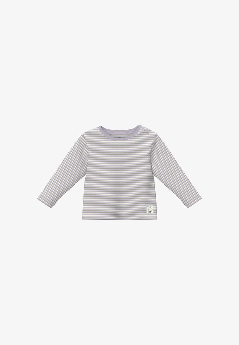 T-shirt bébé à manches longues avec fines rayures horizontales grises et blanches, boutons pression à l'épaule et petit patch animalier brodé près de l'ourlet.