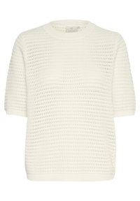 Pull en maille blanche à manches courtes, arborant un motif texturé de rayures horizontales et de petits trous ouverts dans tout le tissu.