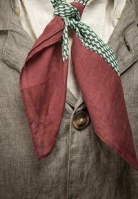 Linned skjorte i en lys beige tone, med en brun knap og et bordeaux tørklæde med et grønt zigzag-mønster bundet om halsen.