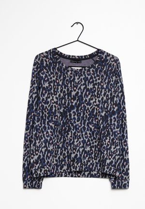 T-shirt à manches longues avec un design léopard gris, bleu et rose, fabriqué en tissu doux, avec un col rond et une coupe décontractée.