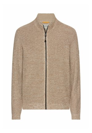Beige Strickjacke mit hohem Kragen, Frontreißverschluss und strukturiertem Stoff. Ausgestattet mit einer normalen Passform und einem minimalistischen Design.