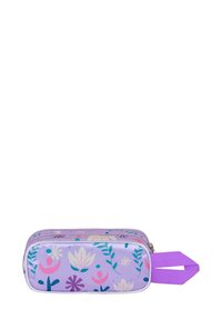 Trousse violette ornée de motifs floraux en rose, bleu et vert. Fermeture zippée avec une anse en tissu violet. Texture lisse.