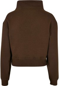 Sweat-shirt court marron à manches longues avec un col montant et des poignets et un ourlet côtelés, montré de dos.