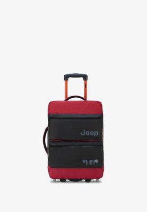 Red and black wheeled luggage with a telescopic handle, two zippered front pockets, Jeep logo, and textured fabric panels.