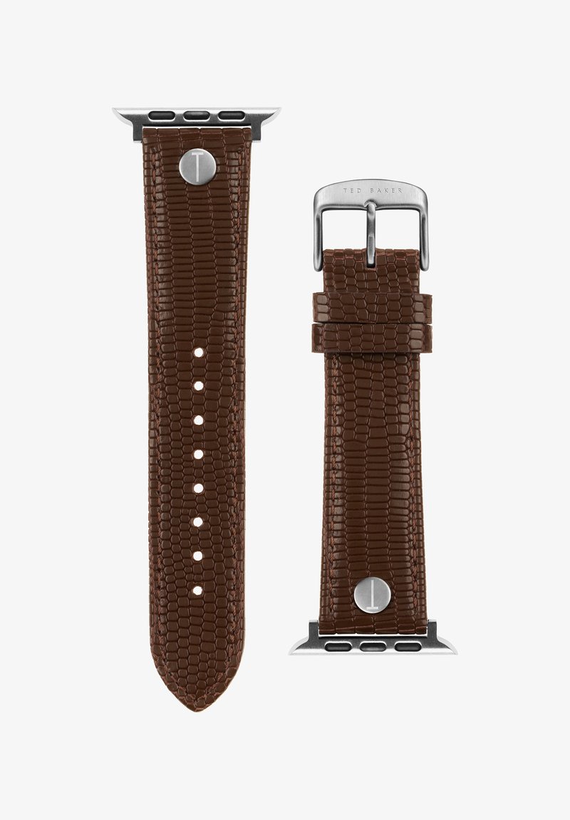 Bracelet de montre en cuir marron avec texture crocodile, quincaillerie en argent avec boucle et détail logo, et plusieurs trous d'ajustement.