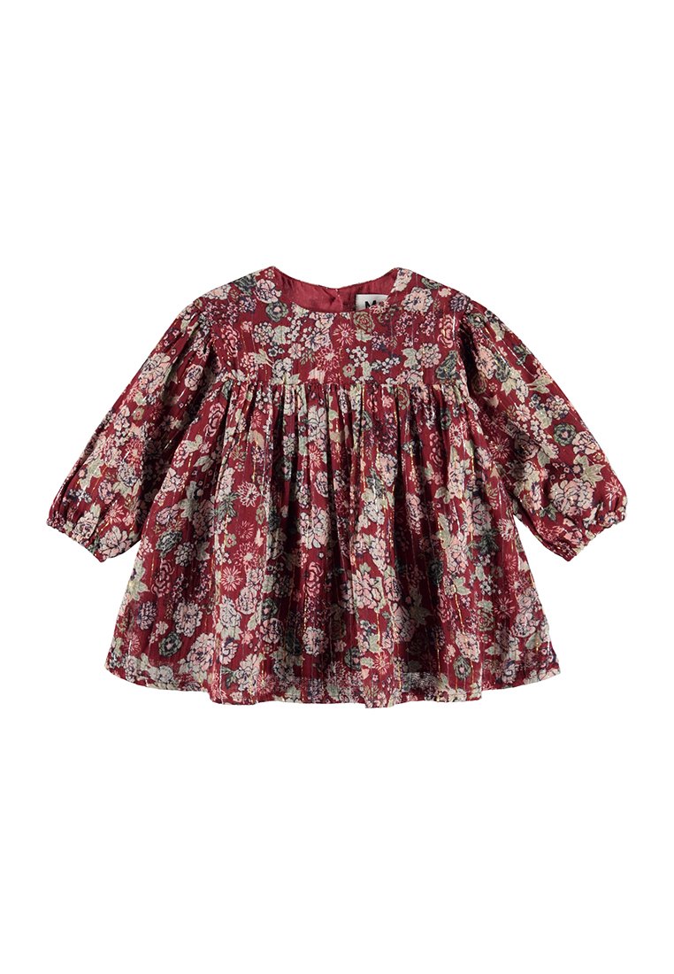 Vestido de bebé de manga larga rojo con cintura fruncida y un estampado floral en tonos de rosa, crema y verde.