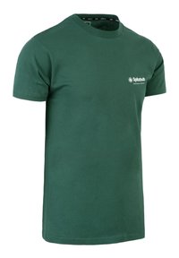 Groene katoenen T-shirt met een ronde hals, korte mouwen en een klein logo op de linkerborst. Glad textuur, casual pasvorm.