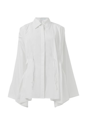 Witte button-up blouse met een kraag, oversized mouwen en trekkoorddetails in de taille. Glad, lichtgewicht stof.