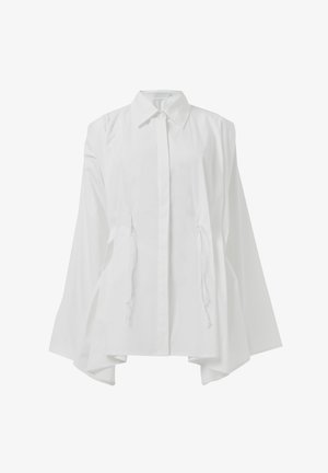 Witte button-up blouse met een kraag, oversized mouwen en trekkoorddetails in de taille. Glad, lichtgewicht stof.